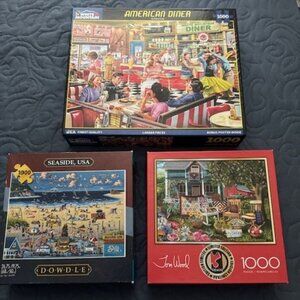 3 PUZZLES, ONE IS BY TOM WOOD & ONE DOWDLE (SEASIDE) & DINNER SCENE